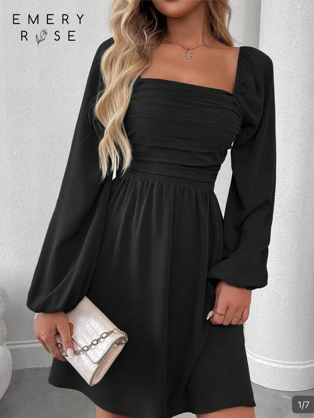 Emery Rose Black Square-Neck Long Sleeve Dress